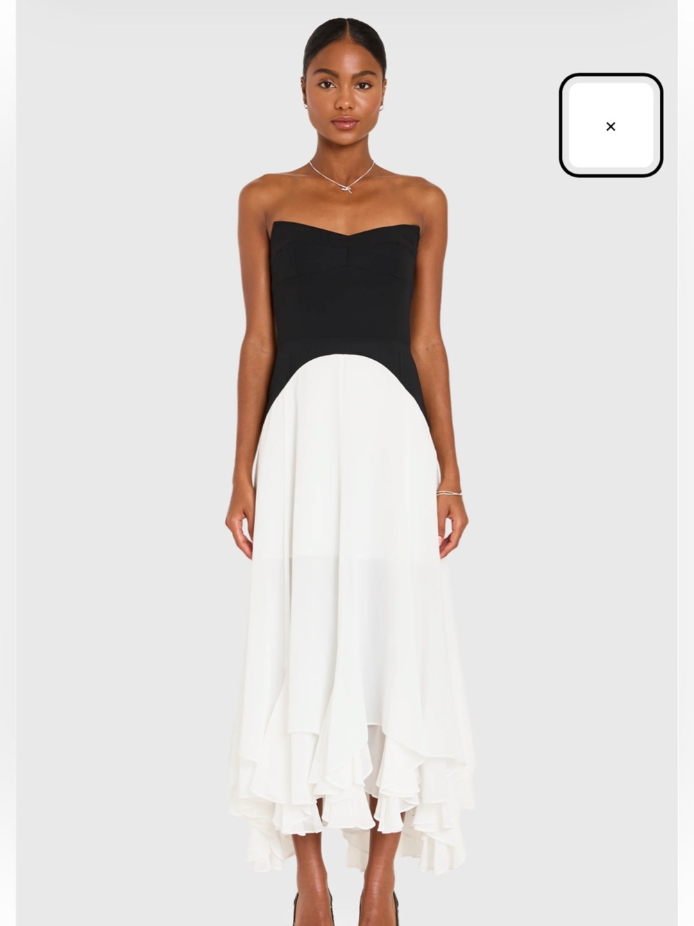 Strapless Black and White High-Low Midi Dress